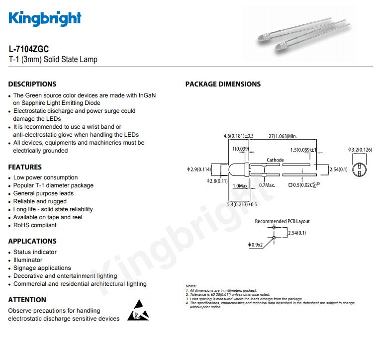 L-7104ZGC Kingbright LED今台插件式发光二极管