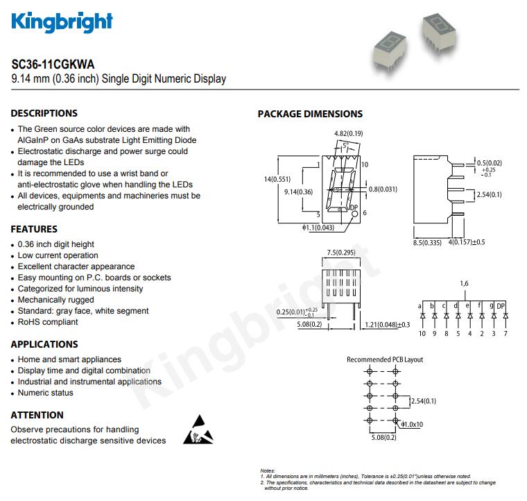 SC36-11CGKWA Kingbright今台LED数码管