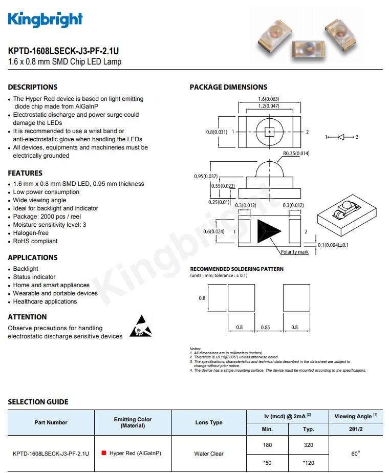 KPTD-1608LSECK-J3-PF-2.1U Kingbright今台LED发光二极管