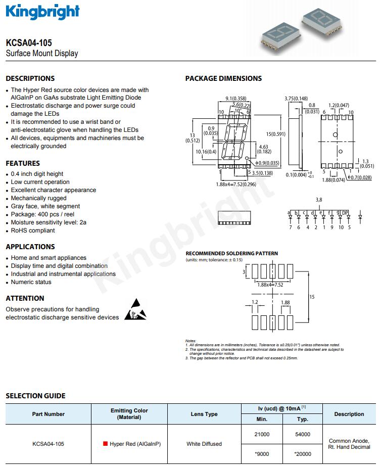 KCSA04-105 Kingbright今台LED数码管display显示器